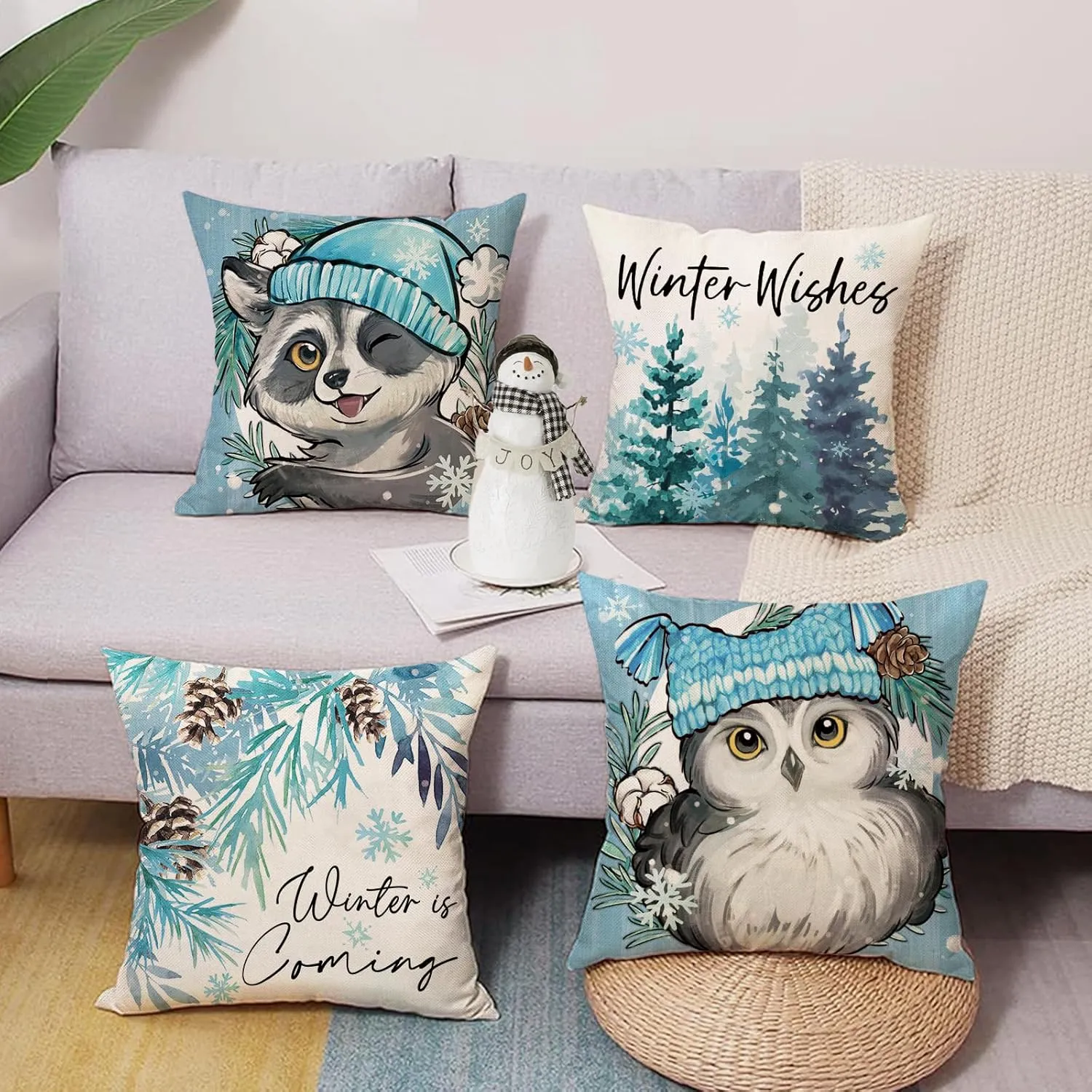 Winter Wishes Owl Raccoon Decorative Throw Pillow Covers 18 x 18 Set of 4, Winter is Coming Pine Tree Porch Outdoor Home Decor, Christmas Seasonal Pine Needle Pine Cone Couch Cushion Case
