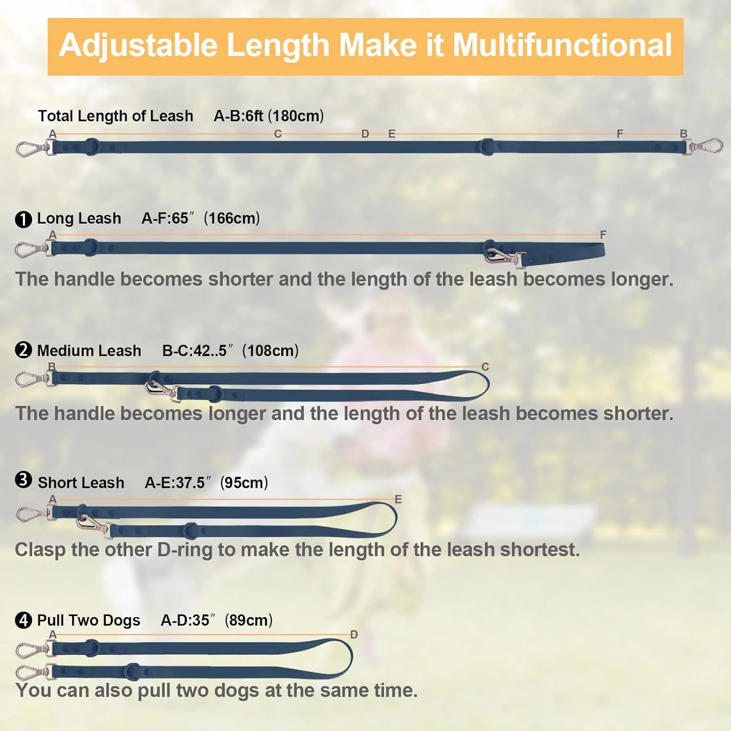 Wisedog Waterproof Standard Dog Leashes with 2 Hooks, 5 ft/ 6 ft Lengths, Adjustable for Traffic Control Safety, for Small, Medium & Large Dogs Walking (Navy,L)