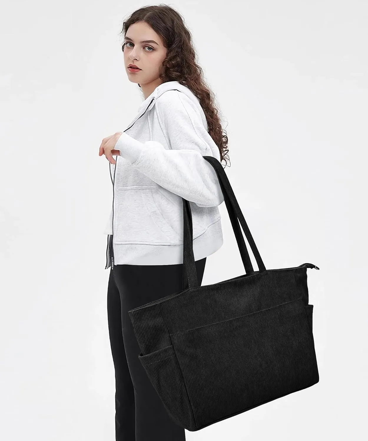 WLLWOO Large Corduroy Tote Bag Women Anti Splash Zipper Casual Hobo Shoulder Handbag for Daily Travel Work Laptop