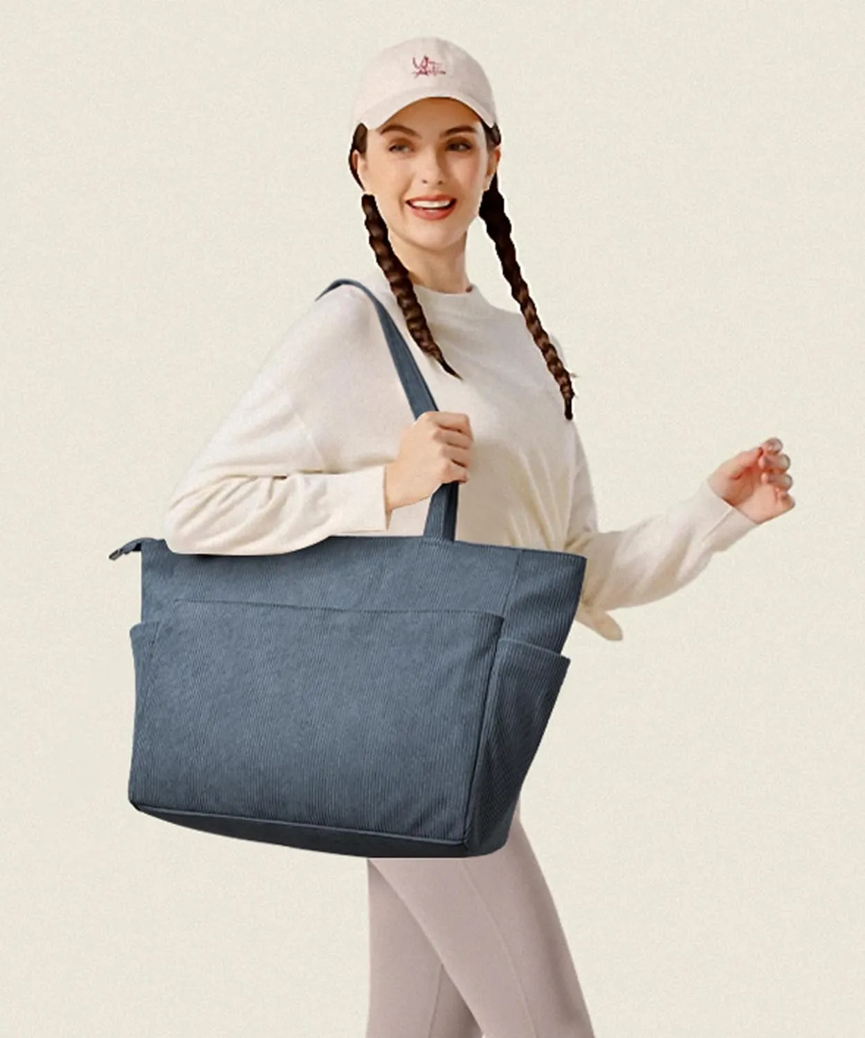 WLLWOO Large Corduroy Tote Bag Women Anti Splash Zipper Casual Hobo Shoulder Handbag for Daily Travel Work Laptop