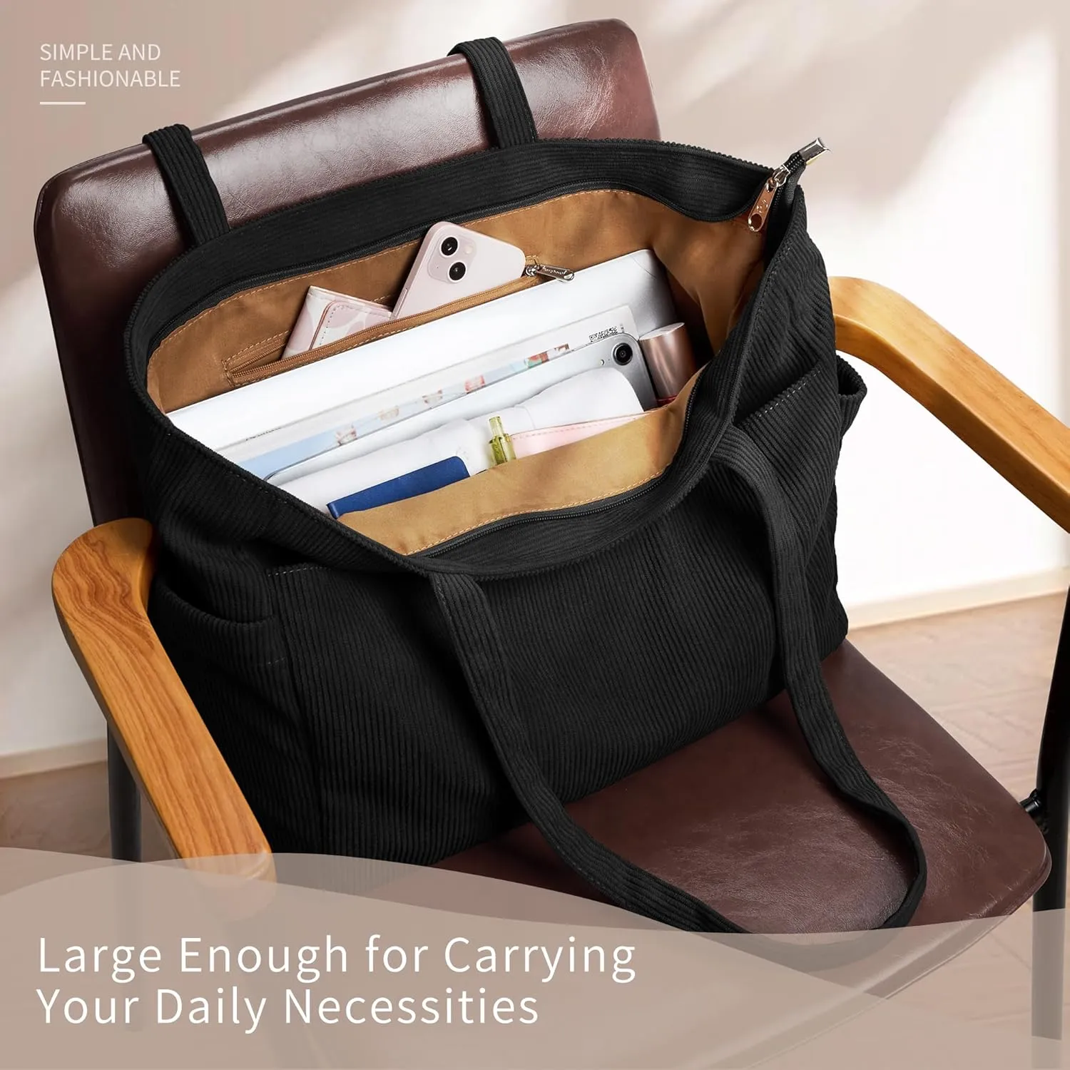 WLLWOO Large Corduroy Tote Bag Women Anti Splash Zipper Casual Hobo Shoulder Handbag for Daily Travel Work Laptop