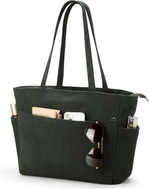 WLLWOO Large Corduroy Tote Bag Women Anti Splash Zipper Casual Hobo Shoulder Handbag for Daily Travel Work Laptop