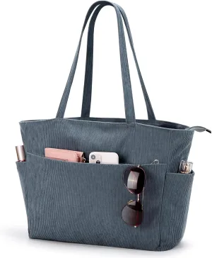 WLLWOO Large Corduroy Tote Bag Women Anti Splash Zipper Casual Hobo Shoulder Handbag for Daily Travel Work Laptop