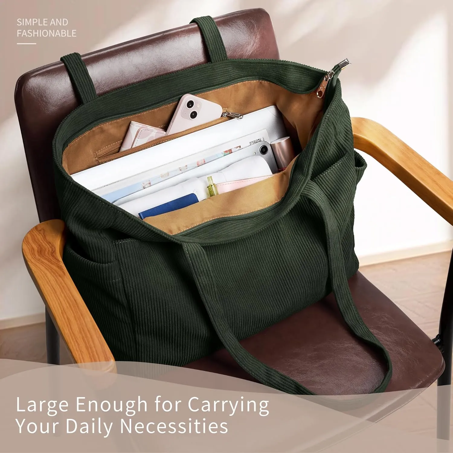 WLLWOO Large Corduroy Tote Bag Women Anti Splash Zipper Casual Hobo Shoulder Handbag for Daily Travel Work Laptop