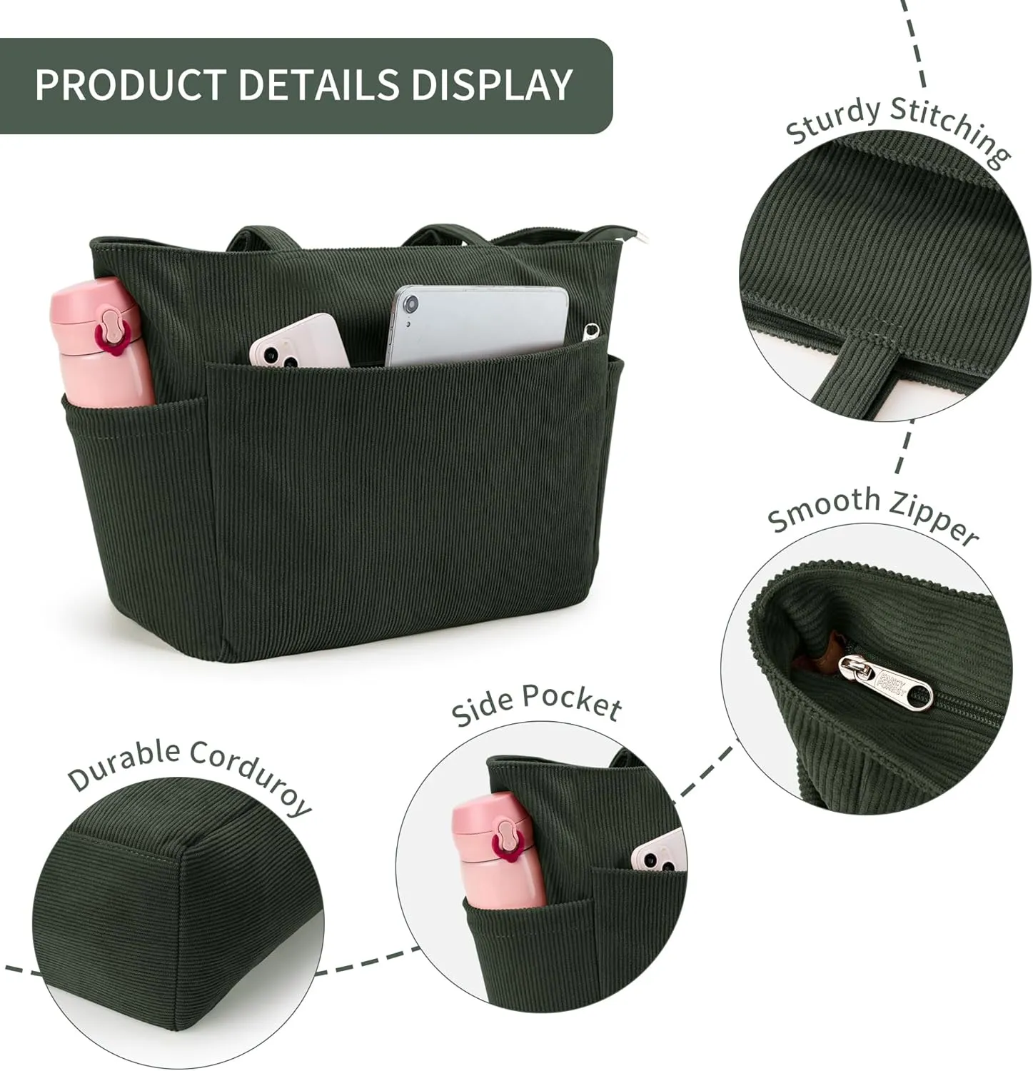 WLLWOO Large Corduroy Tote Bag Women Anti Splash Zipper Casual Hobo Shoulder Handbag for Daily Travel Work Laptop