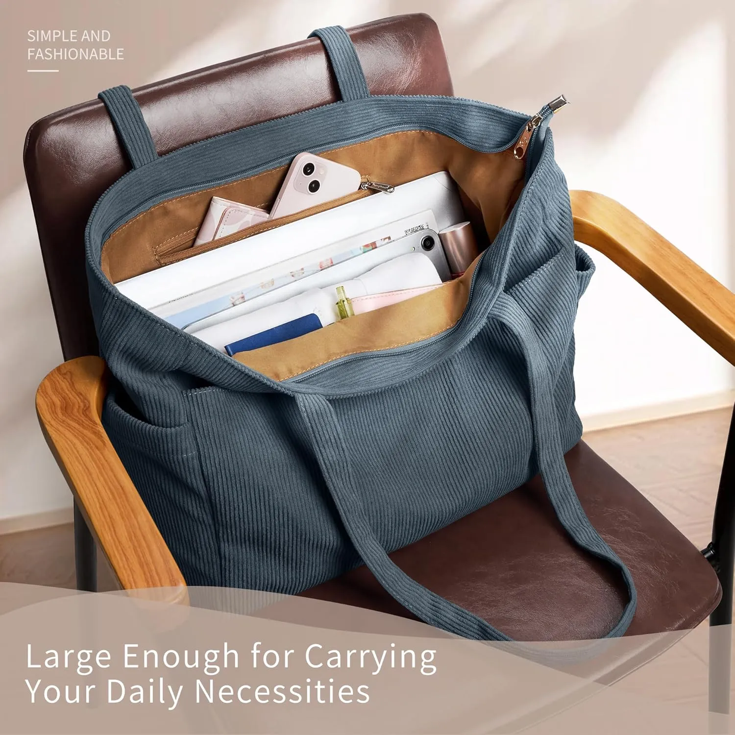 WLLWOO Large Corduroy Tote Bag Women Anti Splash Zipper Casual Hobo Shoulder Handbag for Daily Travel Work Laptop