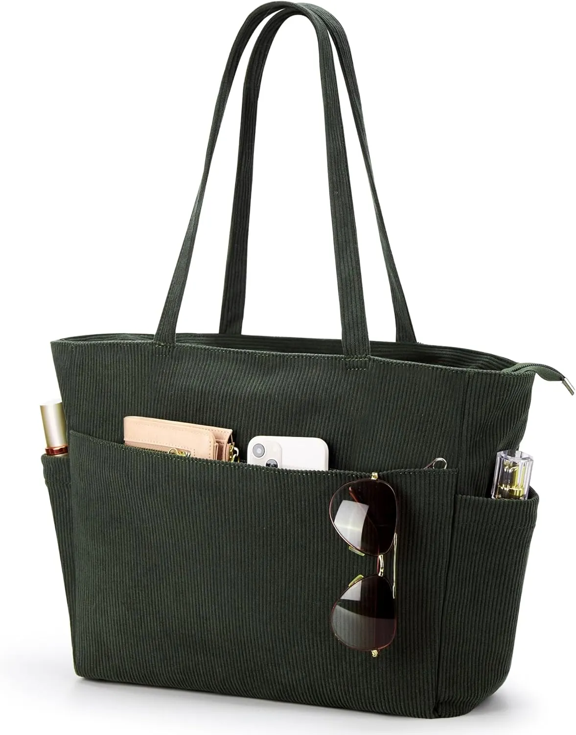 WLLWOO Large Corduroy Tote Bag Women Anti Splash Zipper Casual Hobo Shoulder Handbag for Daily Travel Work Laptop