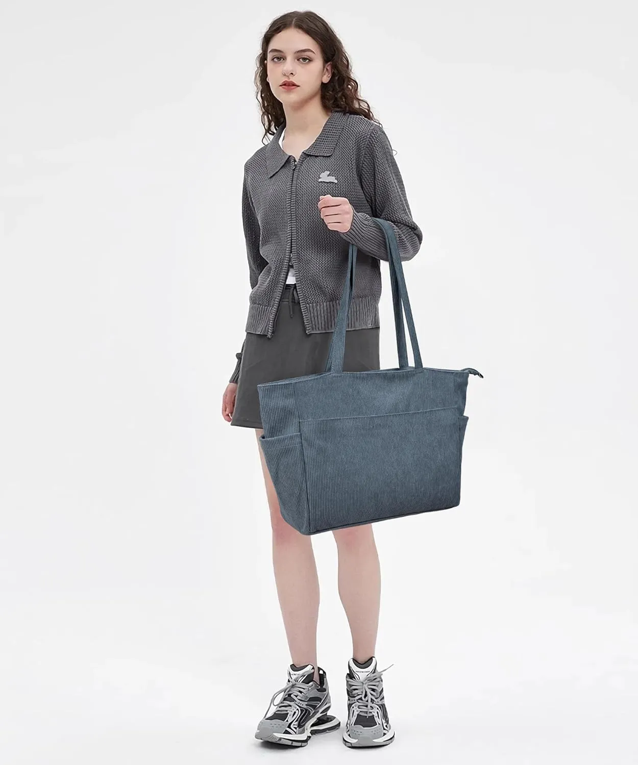 WLLWOO Large Corduroy Tote Bag Women Anti Splash Zipper Casual Hobo Shoulder Handbag for Daily Travel Work Laptop