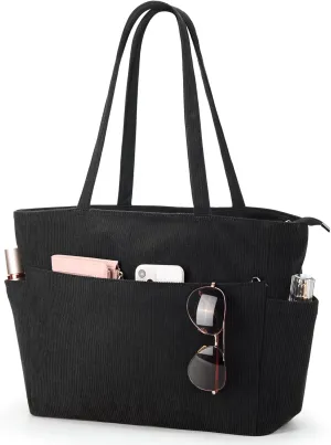 WLLWOO Large Corduroy Tote Bag Women Anti Splash Zipper Casual Hobo Shoulder Handbag for Daily Travel Work Laptop