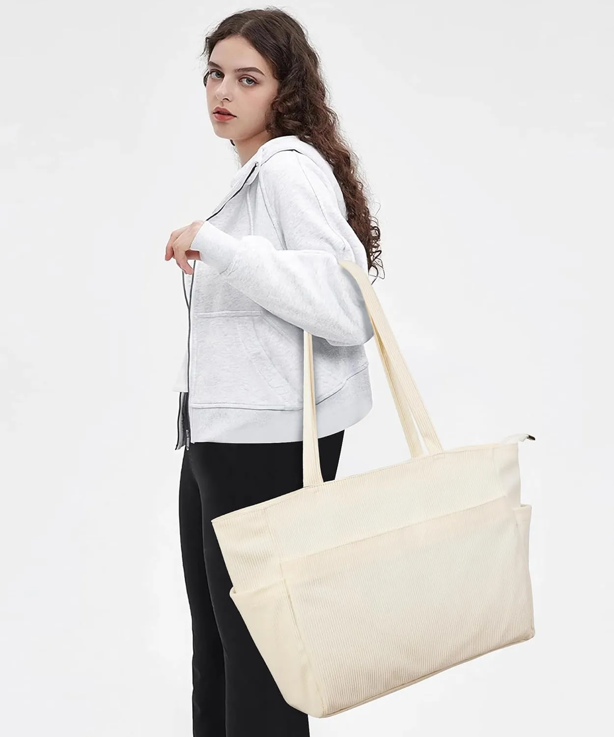 WLLWOO Large Corduroy Tote Bag Women Anti Splash Zipper Casual Hobo Shoulder Handbag for Daily Travel Work Laptop