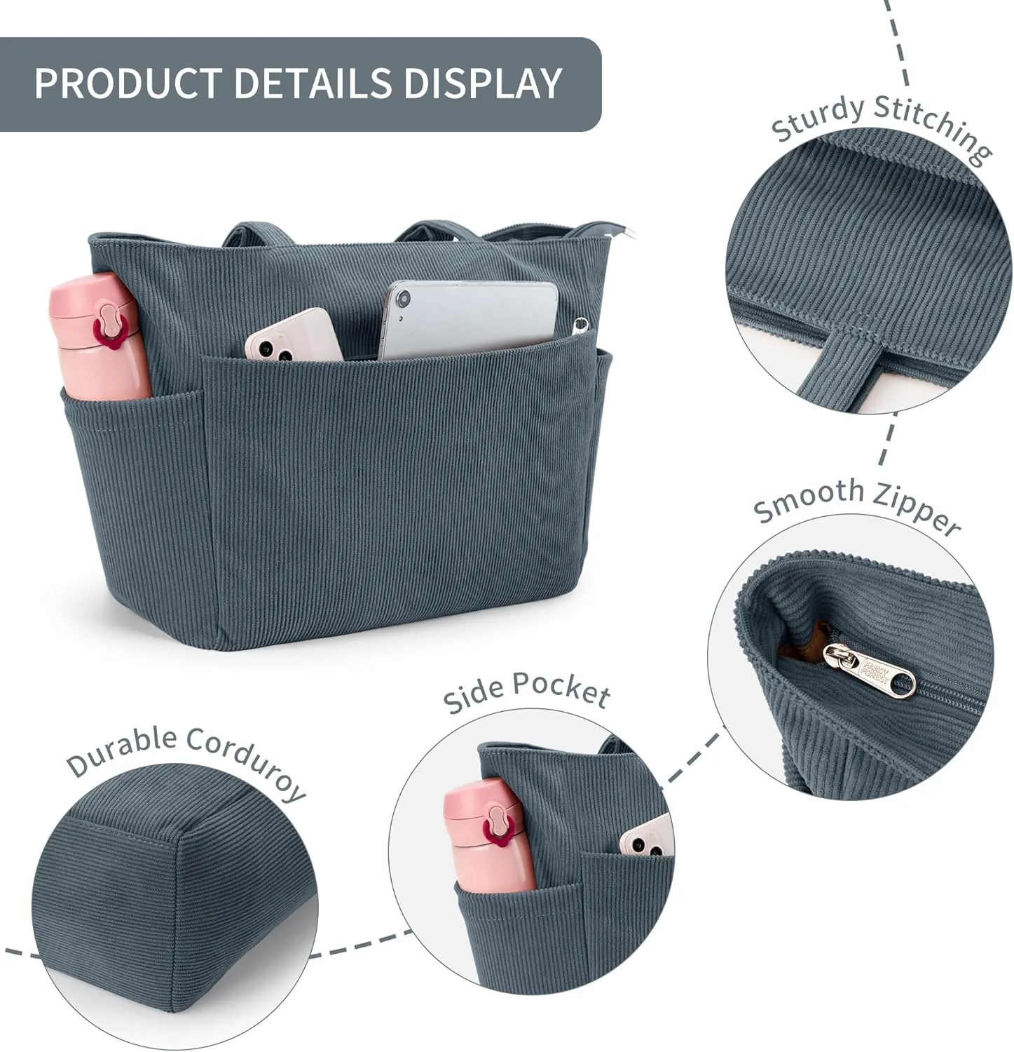WLLWOO Large Corduroy Tote Bag Women Anti Splash Zipper Casual Hobo Shoulder Handbag for Daily Travel Work Laptop
