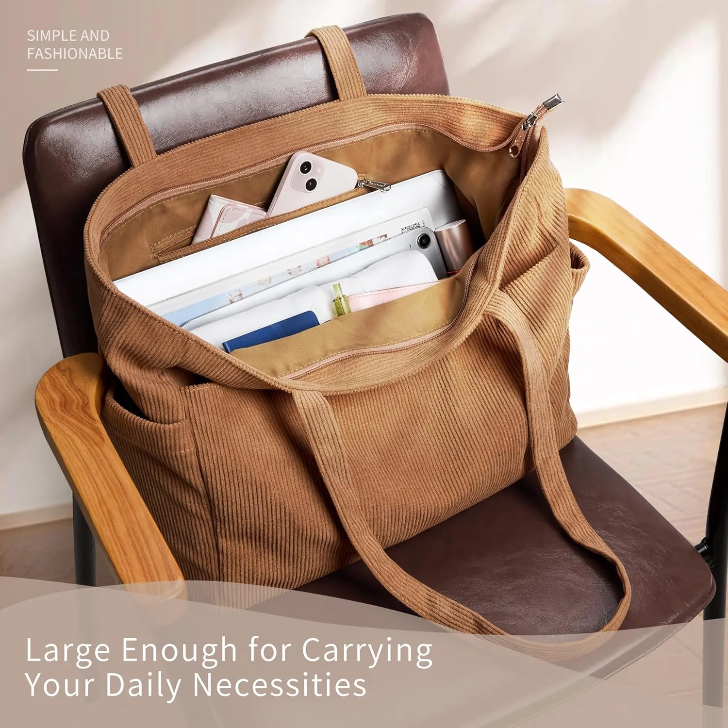 WLLWOO Large Corduroy Tote Bag Women Anti Splash Zipper Casual Hobo Shoulder Handbag for Daily Travel Work Laptop