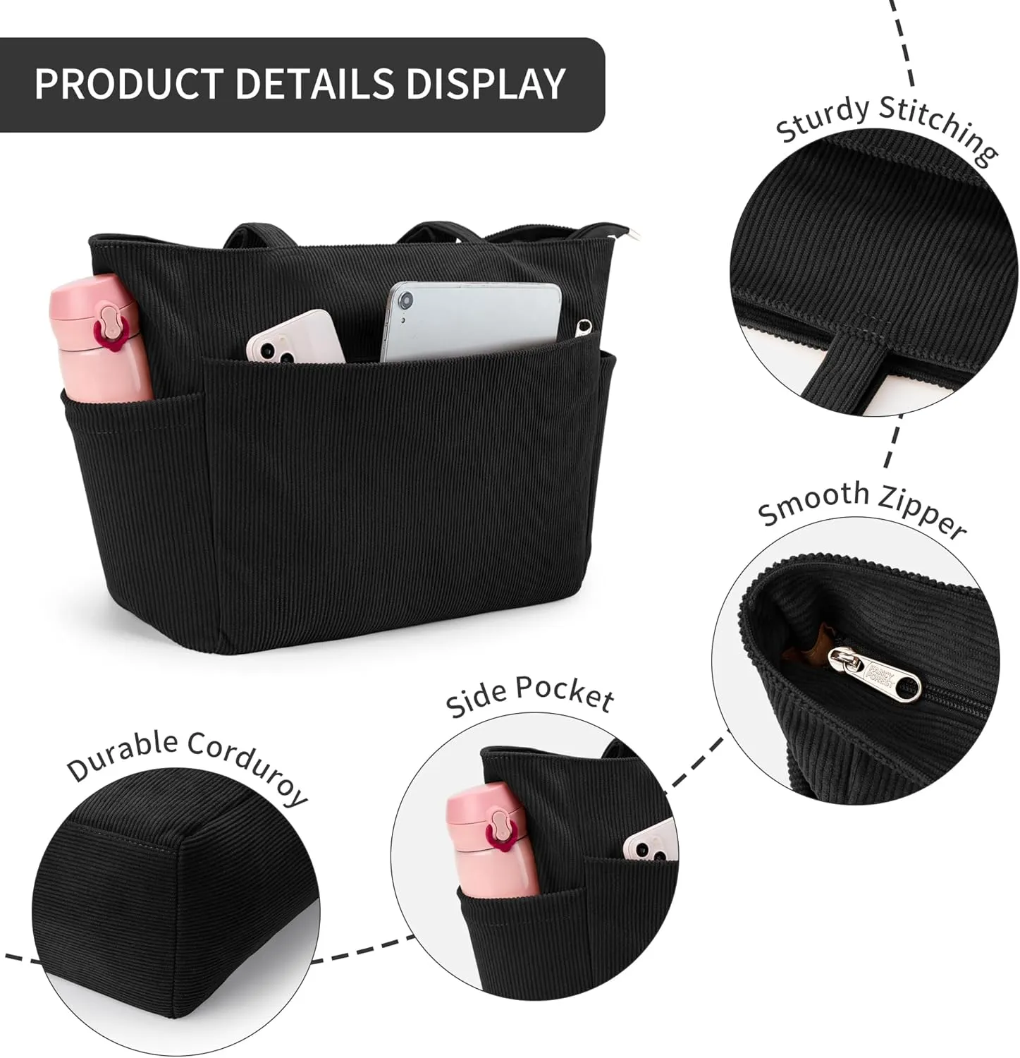 WLLWOO Large Corduroy Tote Bag Women Anti Splash Zipper Casual Hobo Shoulder Handbag for Daily Travel Work Laptop