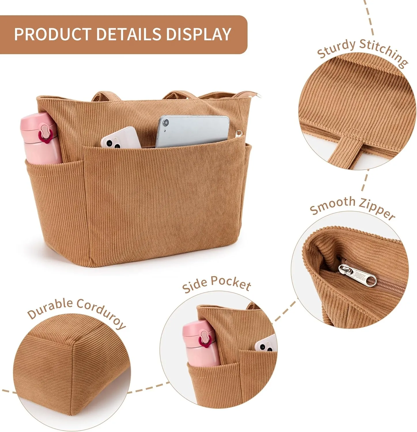 WLLWOO Large Corduroy Tote Bag Women Anti Splash Zipper Casual Hobo Shoulder Handbag for Daily Travel Work Laptop