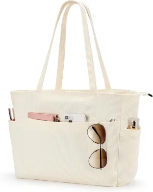 WLLWOO Large Corduroy Tote Bag Women Anti Splash Zipper Casual Hobo Shoulder Handbag for Daily Travel Work Laptop