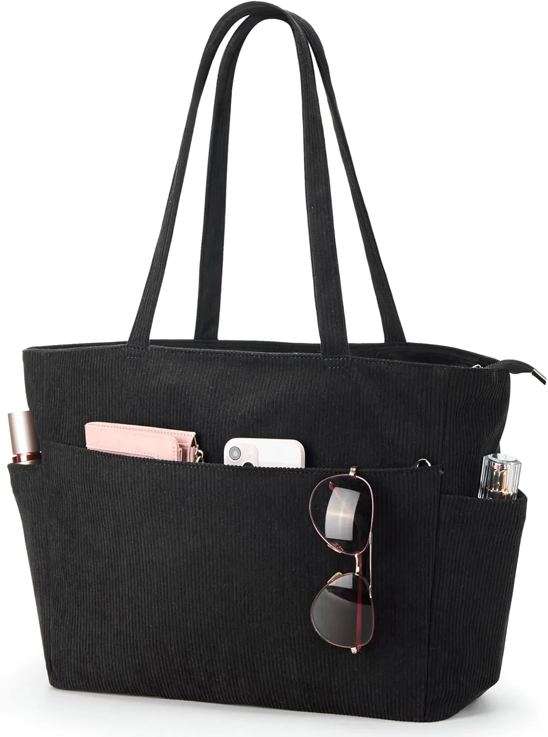 WLLWOO Large Corduroy Tote Bag Women Anti Splash Zipper Casual Hobo Shoulder Handbag for Daily Travel Work Laptop