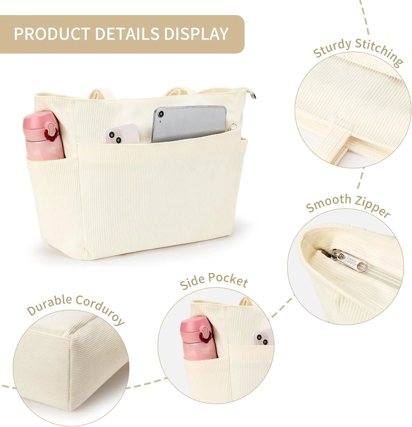 WLLWOO Large Corduroy Tote Bag Women Anti Splash Zipper Casual Hobo Shoulder Handbag for Daily Travel Work Laptop