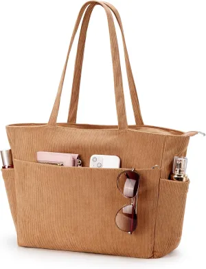 WLLWOO Large Corduroy Tote Bag Women Anti Splash Zipper Casual Hobo Shoulder Handbag for Daily Travel Work Laptop