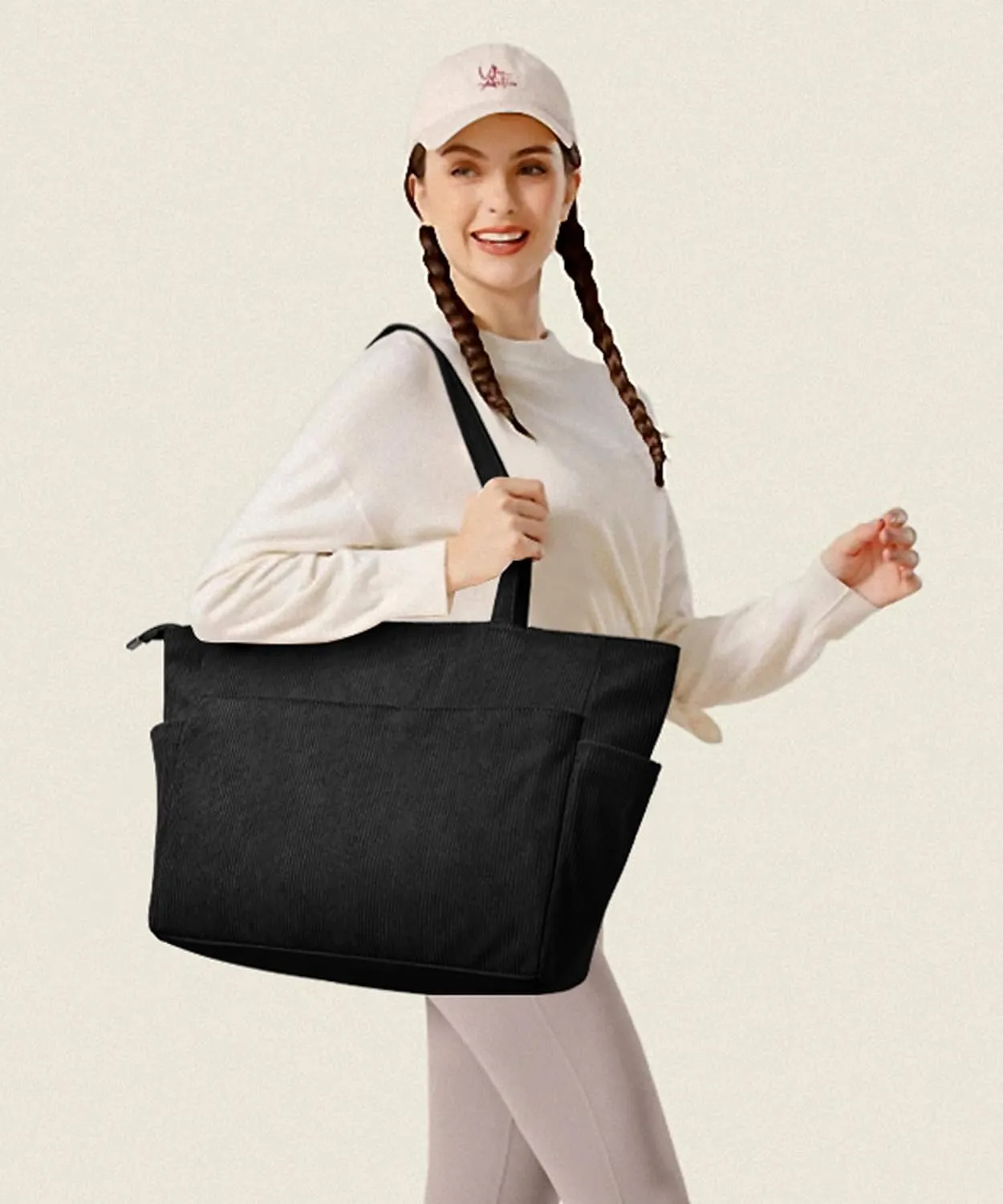 WLLWOO Large Corduroy Tote Bag Women Anti Splash Zipper Casual Hobo Shoulder Handbag for Daily Travel Work Laptop