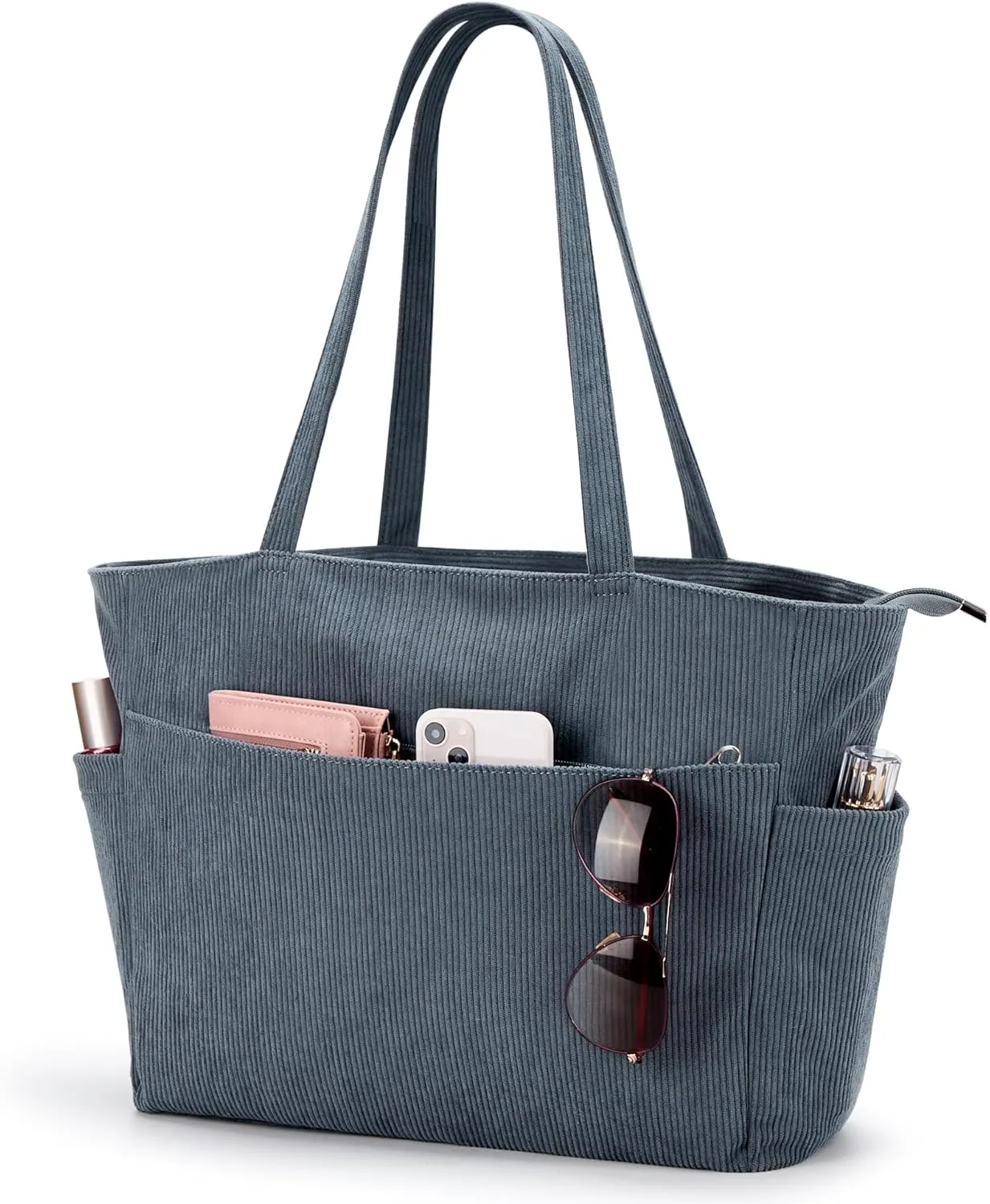 WLLWOO Large Corduroy Tote Bag Women Anti Splash Zipper Casual Hobo Shoulder Handbag for Daily Travel Work Laptop