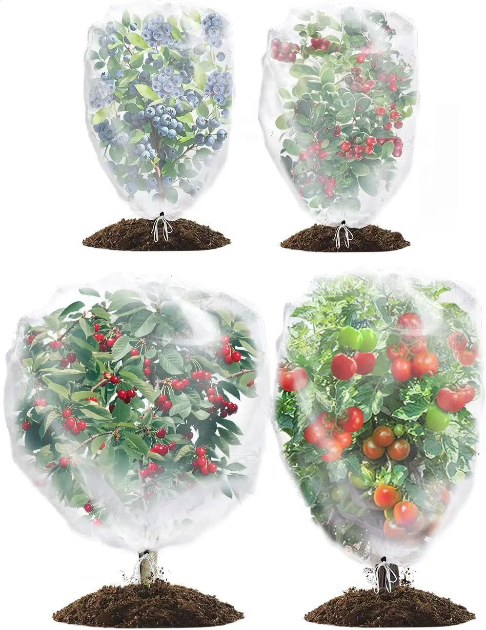 Wohohoho 4 Packs Garden Netting Pest Barrier with Drawstring, 4.9Ft x 3.3Ft 3.3FT x 2.7FT Garden Tree Netting Pest Barrier Fruit Covers Prevent Fruits Plants from Squirrel Bird Insect Deer Animals