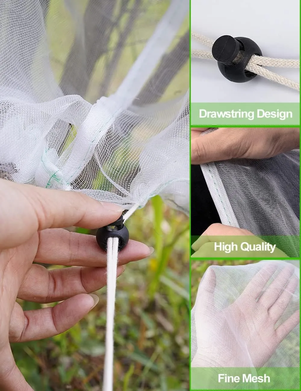 Wohohoho 4 Packs Garden Netting Pest Barrier with Drawstring, 4.9Ft x 3.3Ft 3.3FT x 2.7FT Garden Tree Netting Pest Barrier Fruit Covers Prevent Fruits Plants from Squirrel Bird Insect Deer Animals