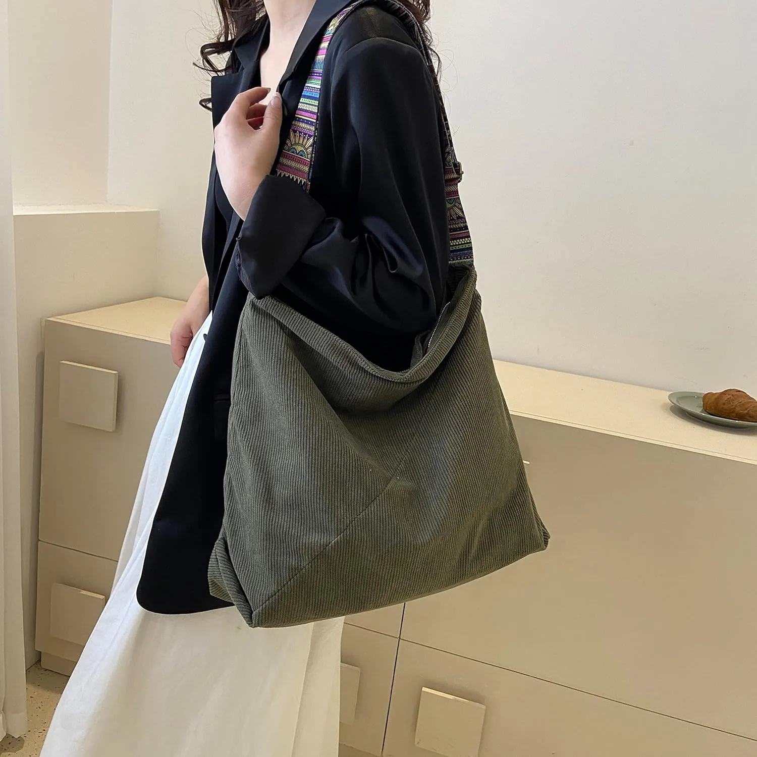 Women Corduroy Tote Bag Large Shoulder Hobo Bag for Women Boho Casual Handbag Purse