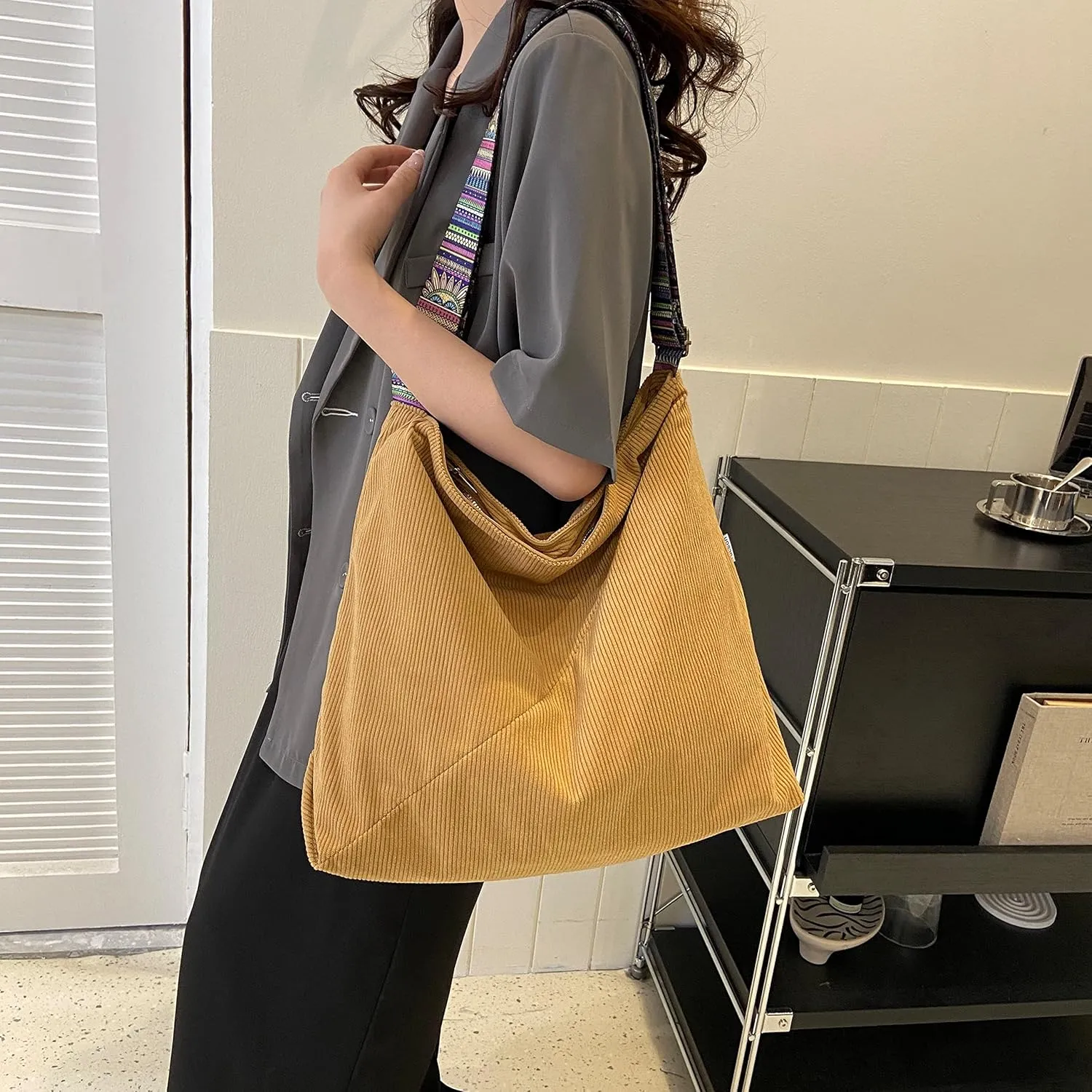 Women Corduroy Tote Bag Large Shoulder Hobo Bag for Women Boho Casual Handbag Purse