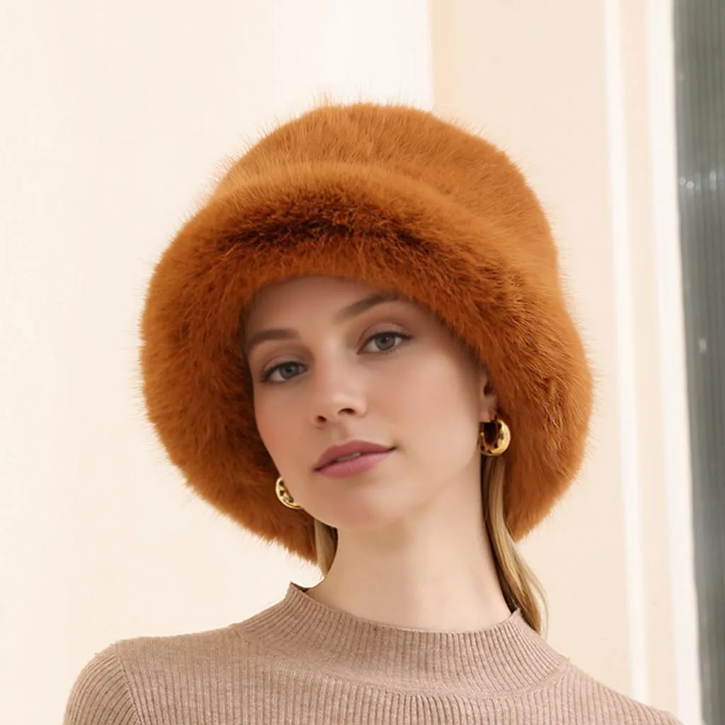 Women Faux Fur Hat Winter Plush Fluffy Bucket Hat Winter Furry Fisherman Cap
