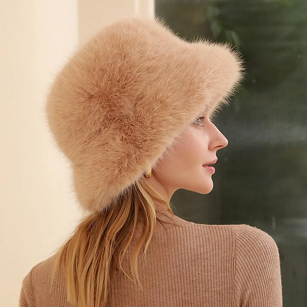 Women Faux Fur Hat Winter Plush Fluffy Bucket Hat Winter Furry Fisherman Cap