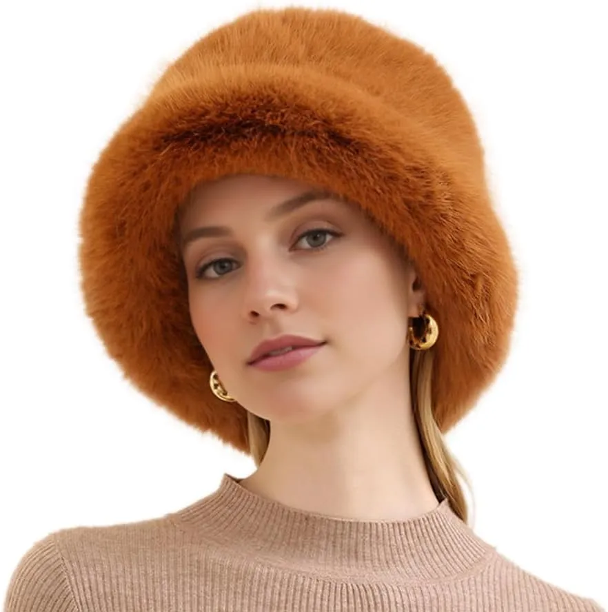 Women Faux Fur Hat Winter Plush Fluffy Bucket Hat Winter Furry Fisherman Cap