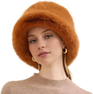 Women Faux Fur Hat Winter Plush Fluffy Bucket Hat Winter Furry Fisherman Cap