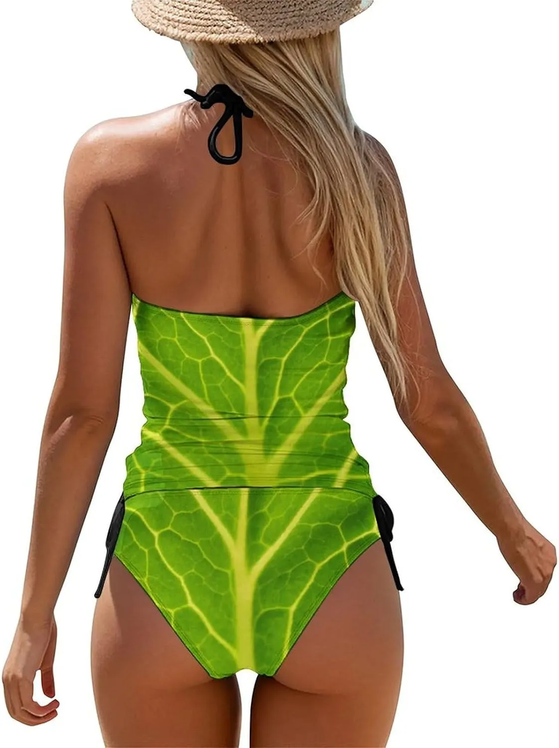 Women Halter Tankini Bathing Suit Green Cabbage Leaf Tummy Control Swimsuit Halter Swimwear