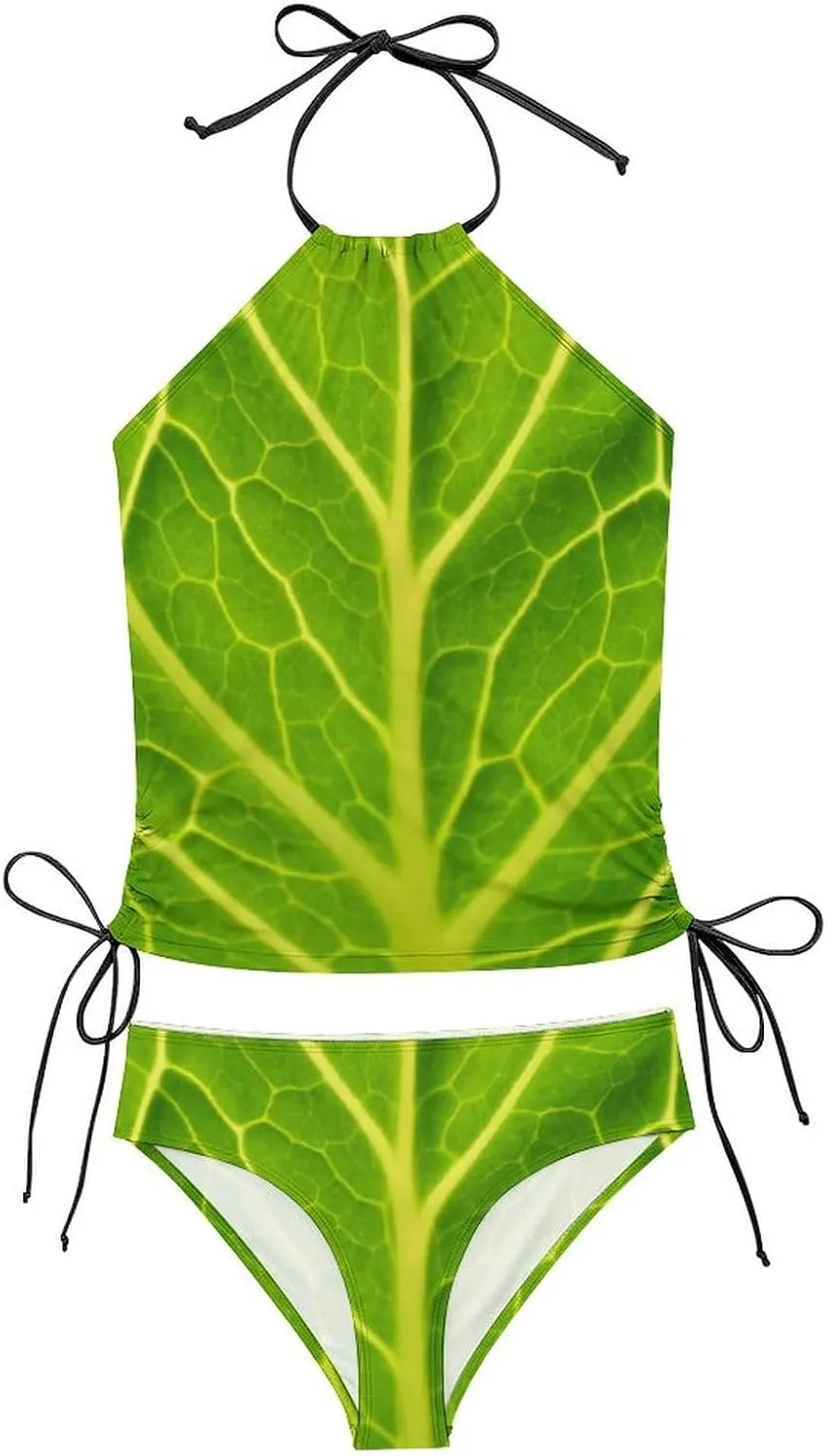 Women Halter Tankini Bathing Suit Green Cabbage Leaf Tummy Control Swimsuit Halter Swimwear