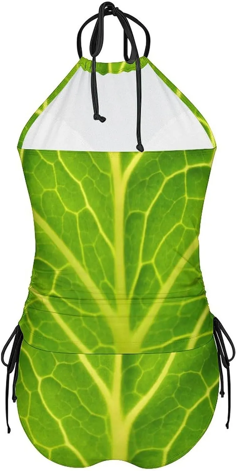 Women Halter Tankini Bathing Suit Green Cabbage Leaf Tummy Control Swimsuit Halter Swimwear