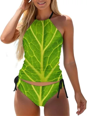 Women Halter Tankini Bathing Suit Green Cabbage Leaf Tummy Control Swimsuit Halter Swimwear