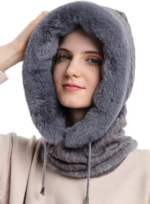 Women One Piece Slouchy Fleece Beanie Hats Scarf Mask Drawstring Warm Hooded Winter Balaclava Pullover Knitted Hat