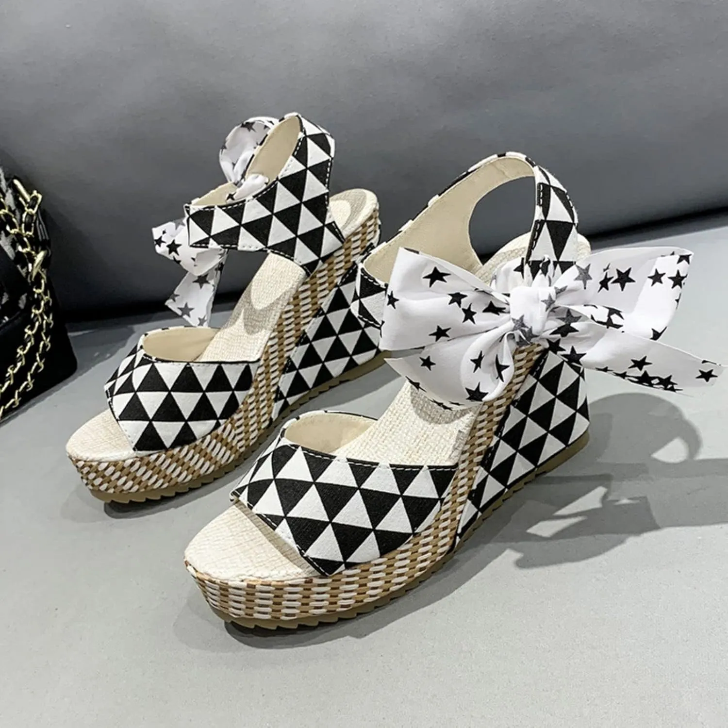 Women Platform Wedge Sandals Cute Slip On Wedge Espadrille Ankle Lace Up Open-Toe Wedges Heel Ladies Elegant Flora Summer Casual Walking Shoes Outdoors