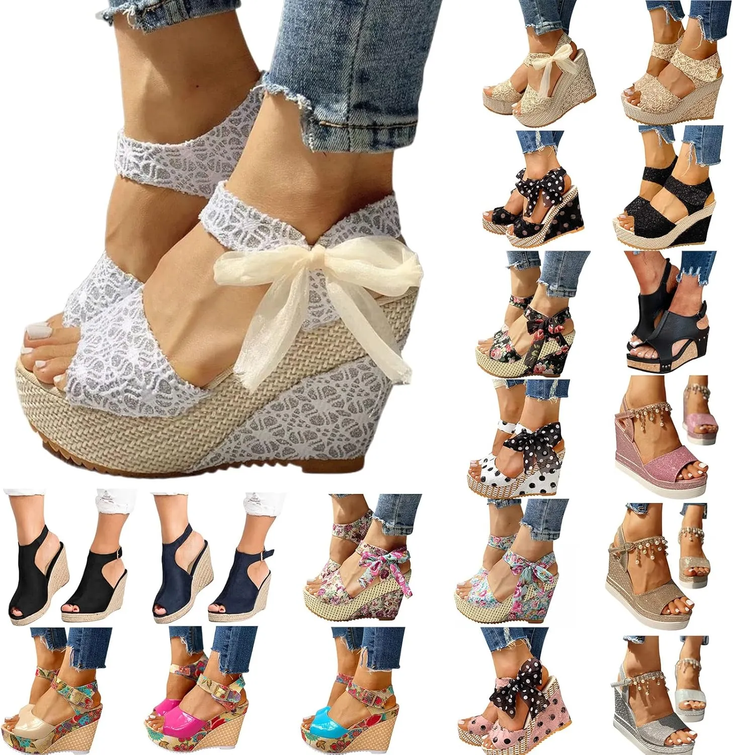 Women Platform Wedge Sandals Cute Slip On Wedge Espadrille Ankle Lace Up Open-Toe Wedges Heel Ladies Elegant Flora Summer Casual Walking Shoes Outdoors