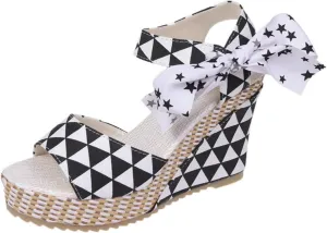 Women Platform Wedge Sandals Cute Slip On Wedge Espadrille Ankle Lace Up Open-Toe Wedges Heel Ladies Elegant Flora Summer Casual Walking Shoes Outdoors