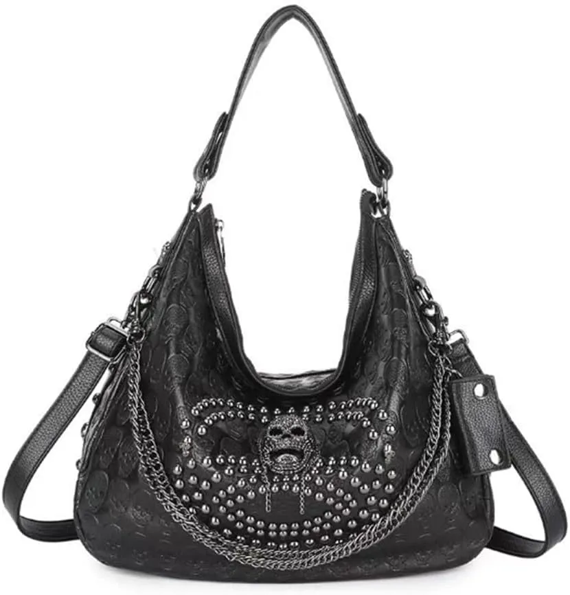 Women Skull Tote Shoulder Purse Handbag Faux Leather Gothic Chain Rivet Satchel
