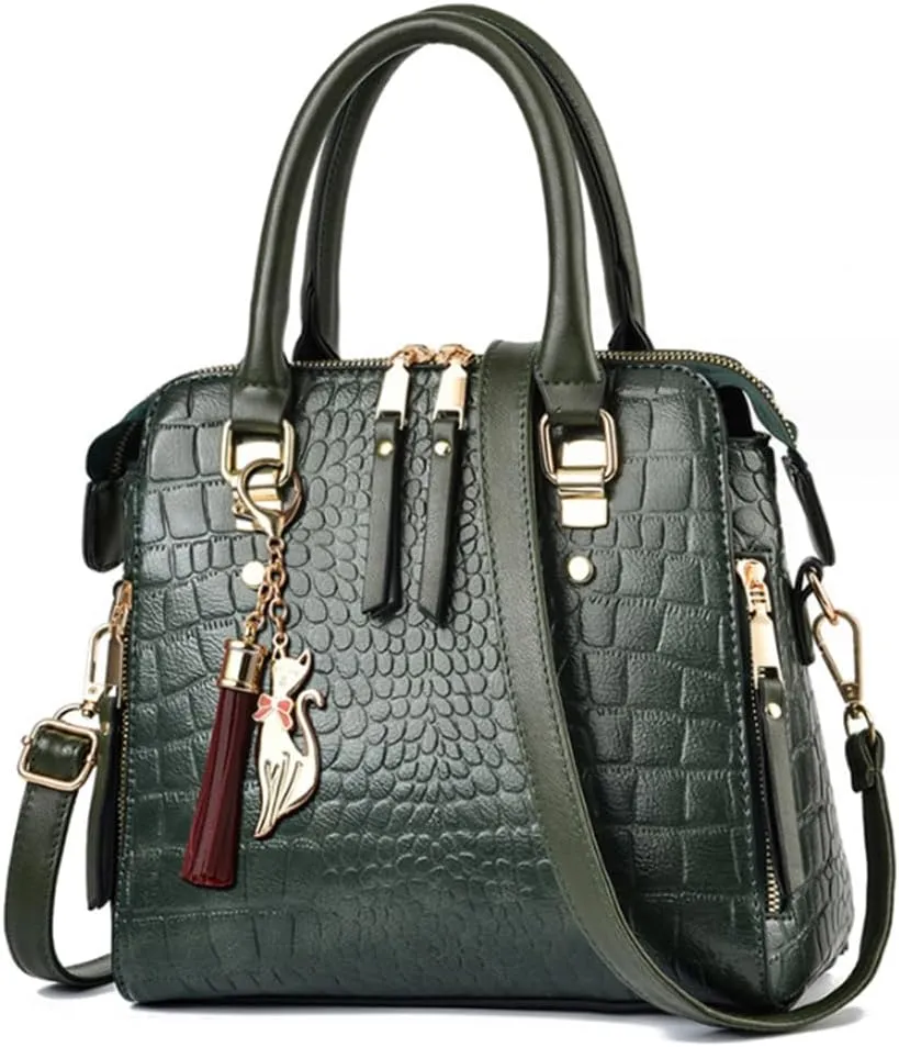 Women Small Top Handle Handbag Crocodile Pattern Satchel PU Fox Tassel Pendant Shoulder Bags