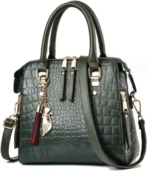 Women Small Top Handle Handbag Crocodile Pattern Satchel PU Fox Tassel Pendant Shoulder Bags