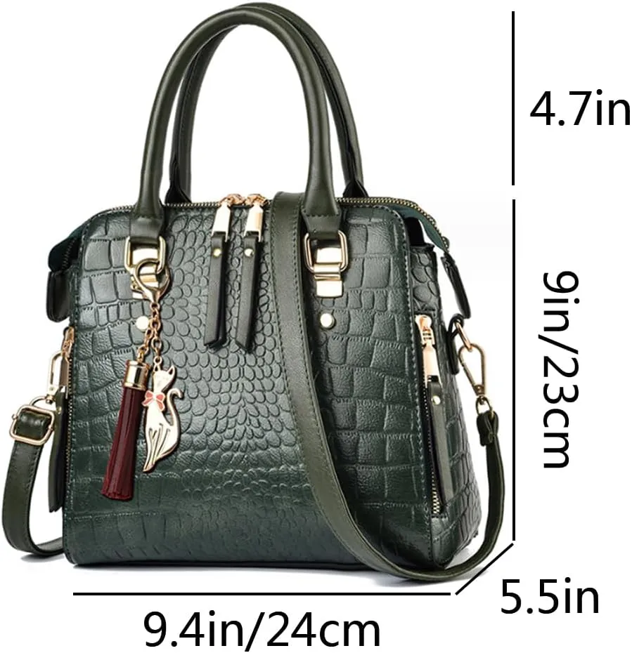 Women Small Top Handle Handbag Crocodile Pattern Satchel PU Fox Tassel Pendant Shoulder Bags