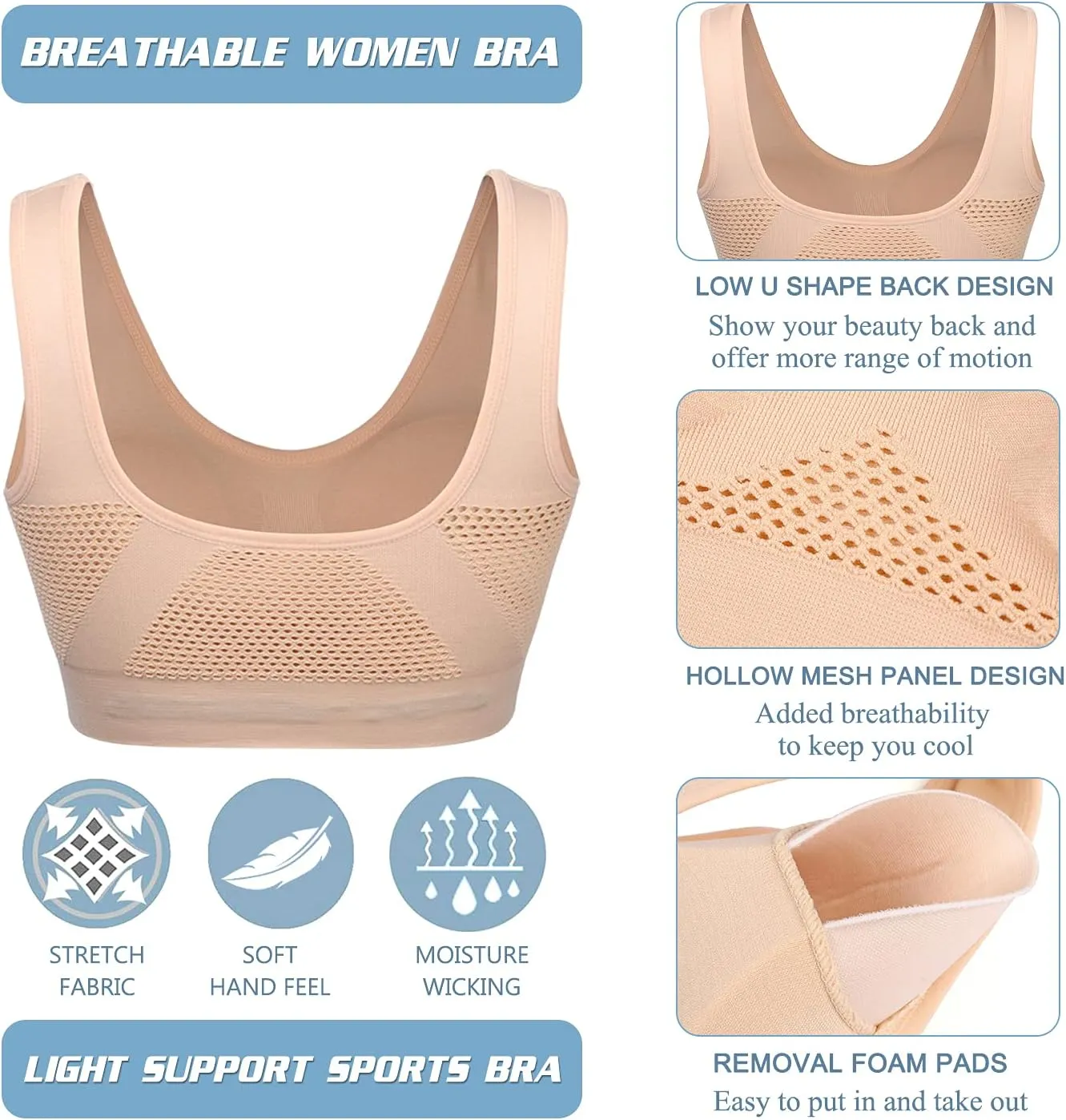 Women Sports Bra Comfortable Sleep Bras No Underwire Seamless Workout Yoga Bra of 3 Pack