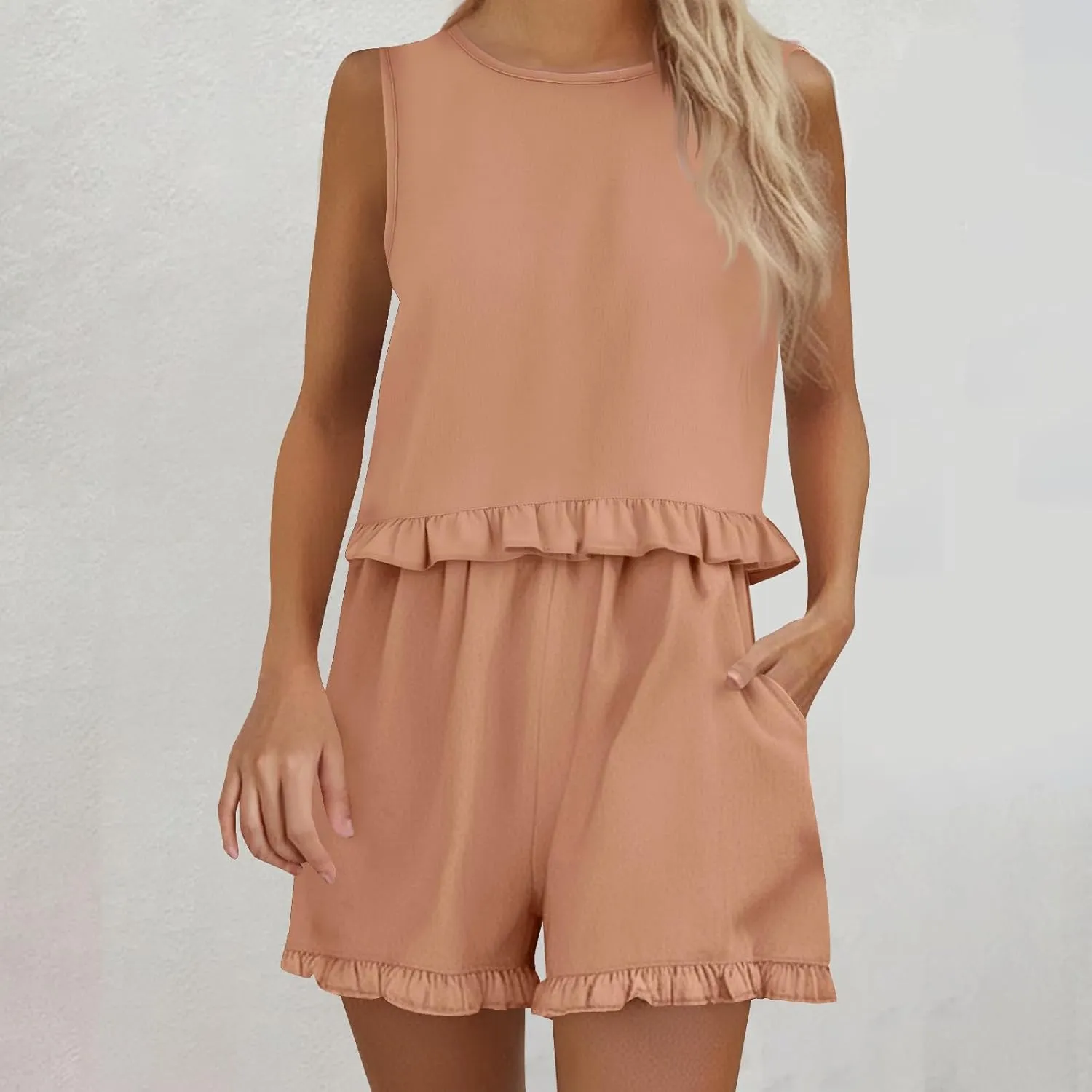Women's 2 Piece Outfits Plus Size Sleeveless Crew Neck Ruffle Tank Top and Elastic Waist Shorts Set Beach Tracksuit