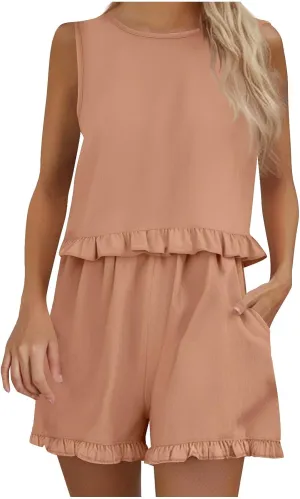 Women's 2 Piece Outfits Plus Size Sleeveless Crew Neck Ruffle Tank Top and Elastic Waist Shorts Set Beach Tracksuit