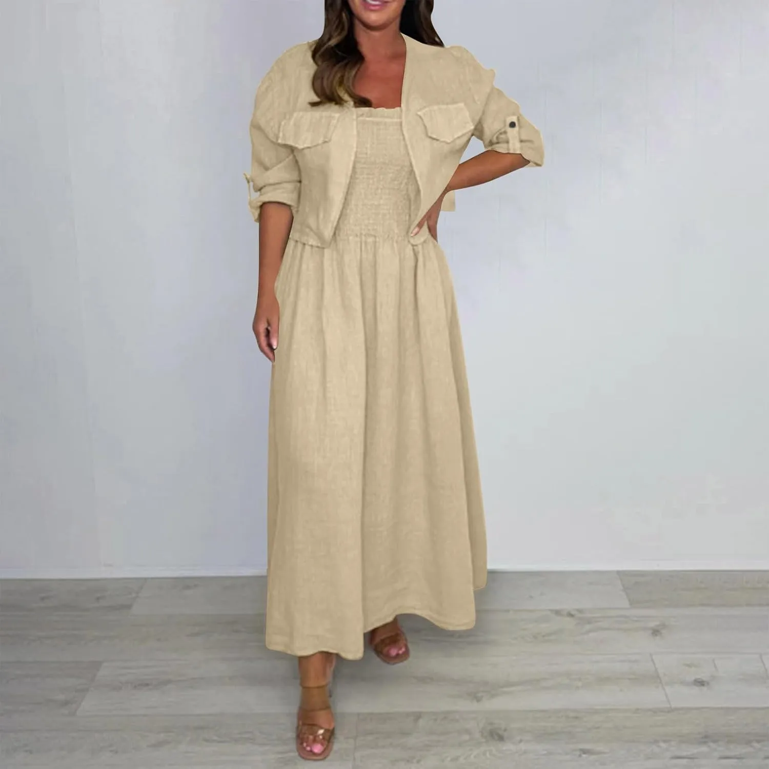 Womens 2 Piece Outfits Summer Cotton Linen Dress and Jackets Set Long Sleeve Cardigan and Cami Dresses Matching Sets