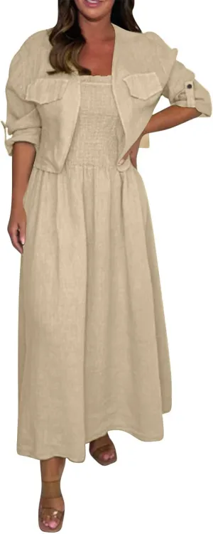 Womens 2 Piece Outfits Summer Cotton Linen Dress and Jackets Set Long Sleeve Cardigan and Cami Dresses Matching Sets