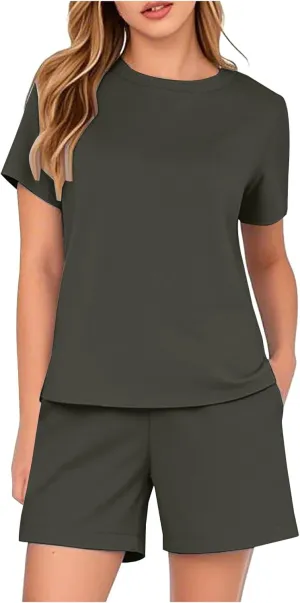 Womens 2 Piece Sets Summer Lounge Set Casual Short Sleeve Round Neck Tops and Shorts Sweatsuit Tracksuit with Pocket